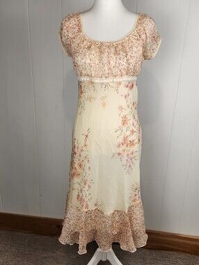 Y2K Midi Babydoll Dress Juniors 9/10 Ivory Pink Floral Cottagecore Whimsy Sheer